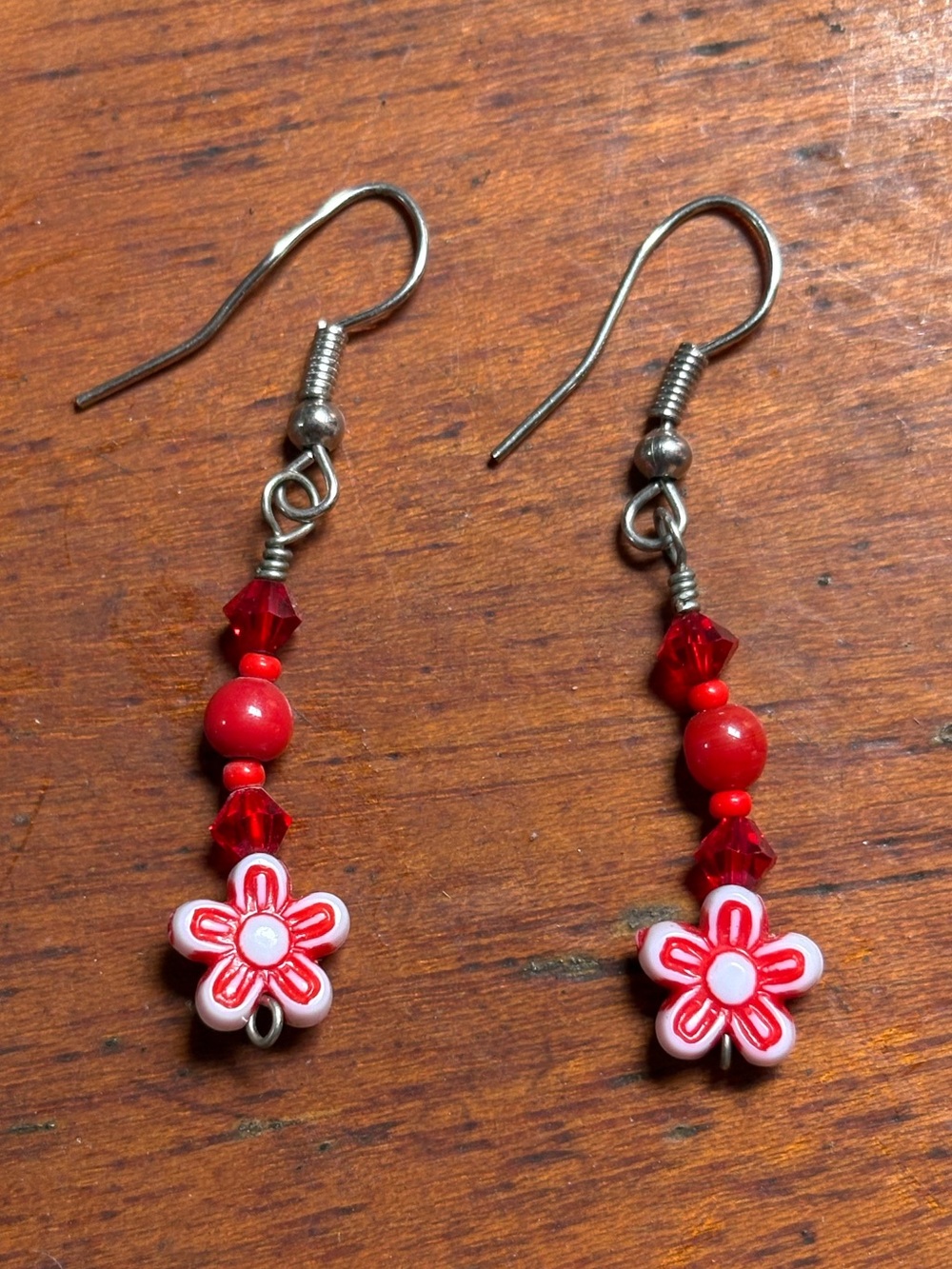 Red Flower Dangle Earrings with Swarovski Crystals